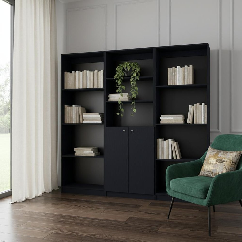 71" Black Five Tier Bookcase with Two doors HomeRoots
