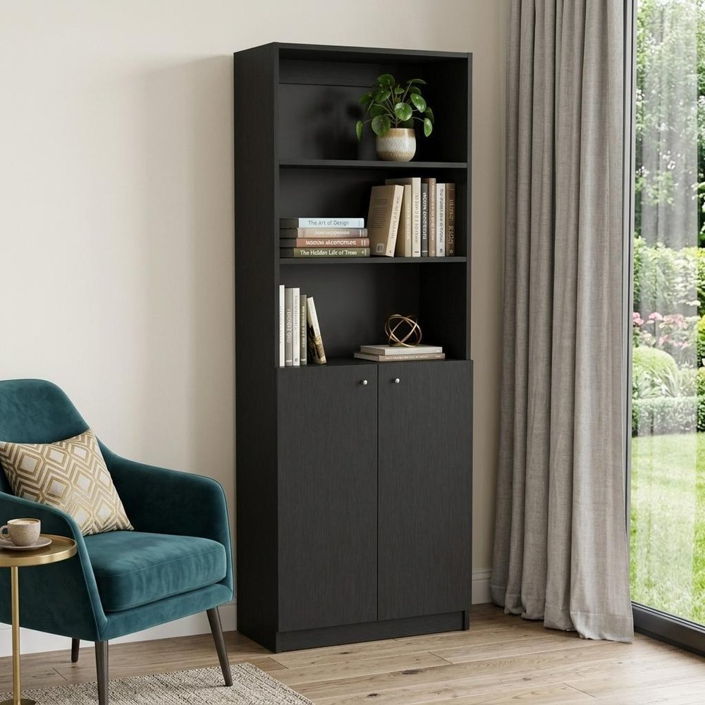 71" Black Five Tier Bookcase with Two doors HomeRoots