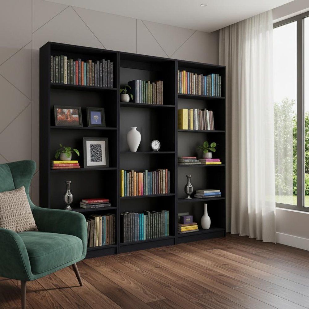 Set of Three Black Wood Four Tier Bookcases HomeRoots