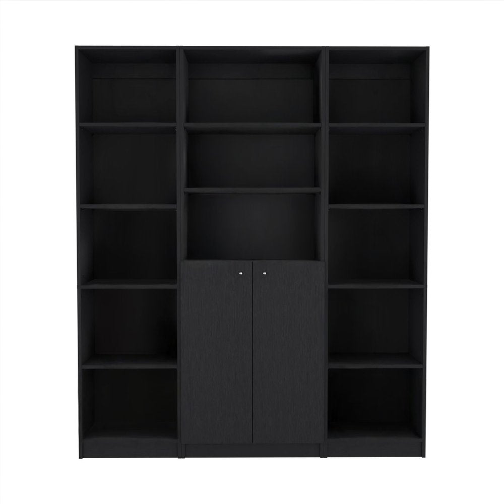 Set of Three Black Five Tier Bookcases with Two Doors HomeRoots