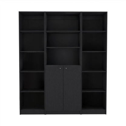 Set of Three Black Five Tier Bookcases with Two Doors HomeRoots