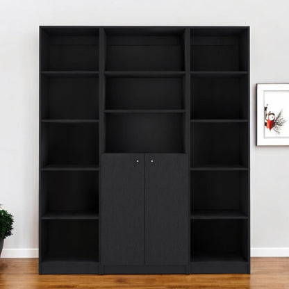 Set of Three Black Five Tier Bookcases with Two Doors HomeRoots