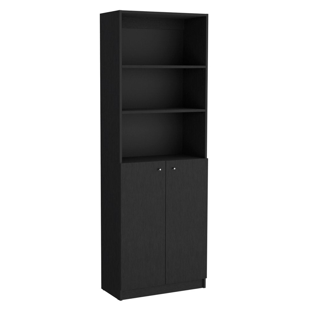 Set of Three Black Five Tier Bookcases with Two Doors HomeRoots