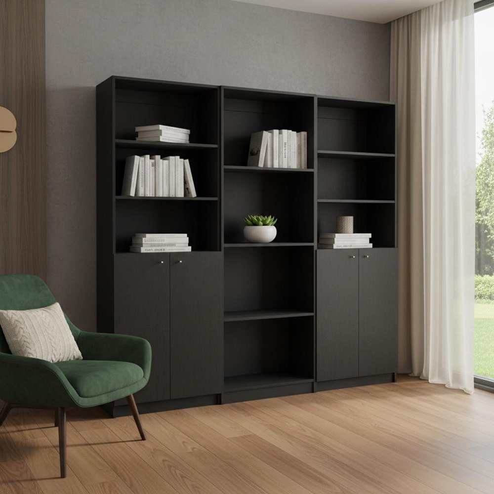 71" Black Five Tier Bookcase with Four doors HomeRoots