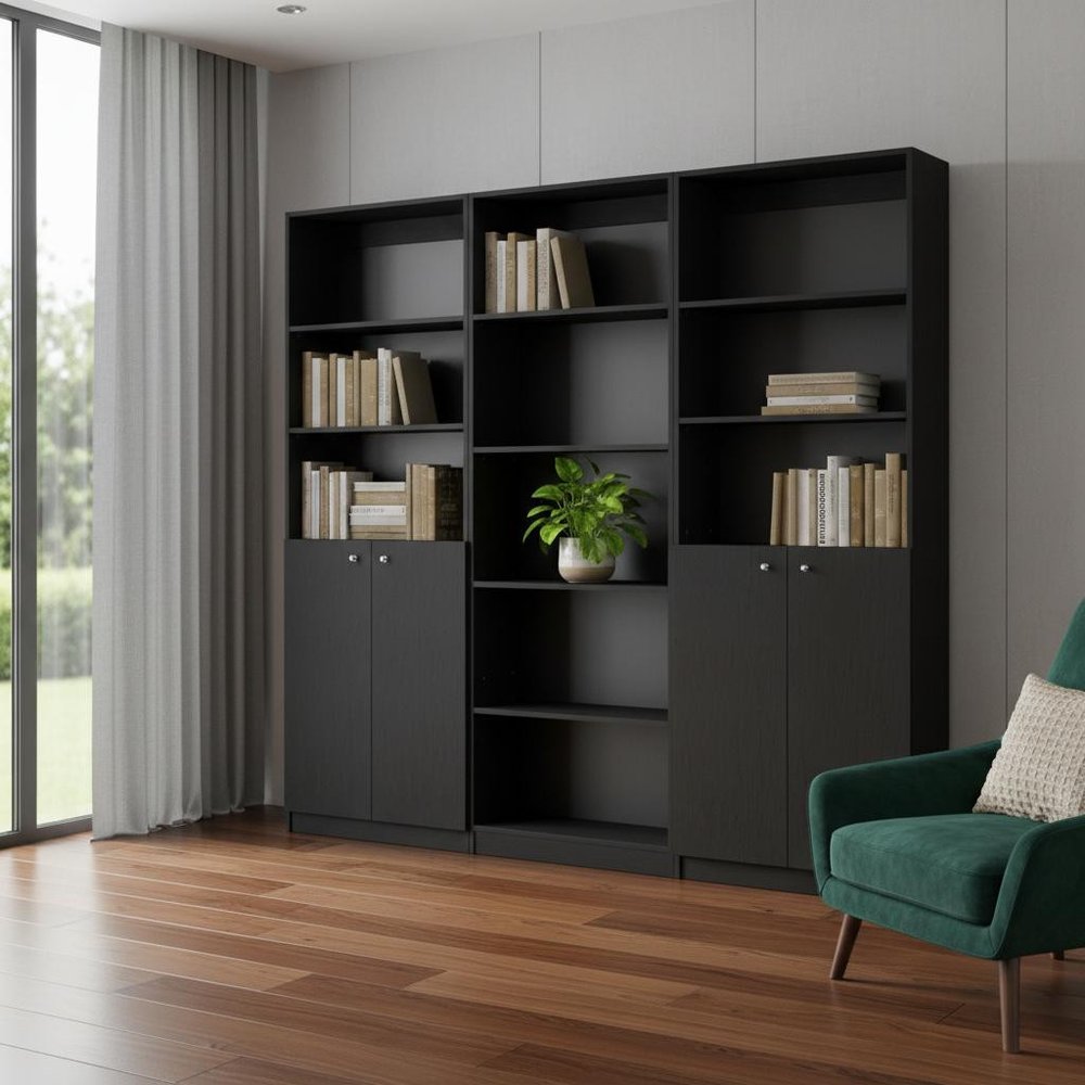 71" Black Five Tier Bookcase with Four Doors HomeRoots