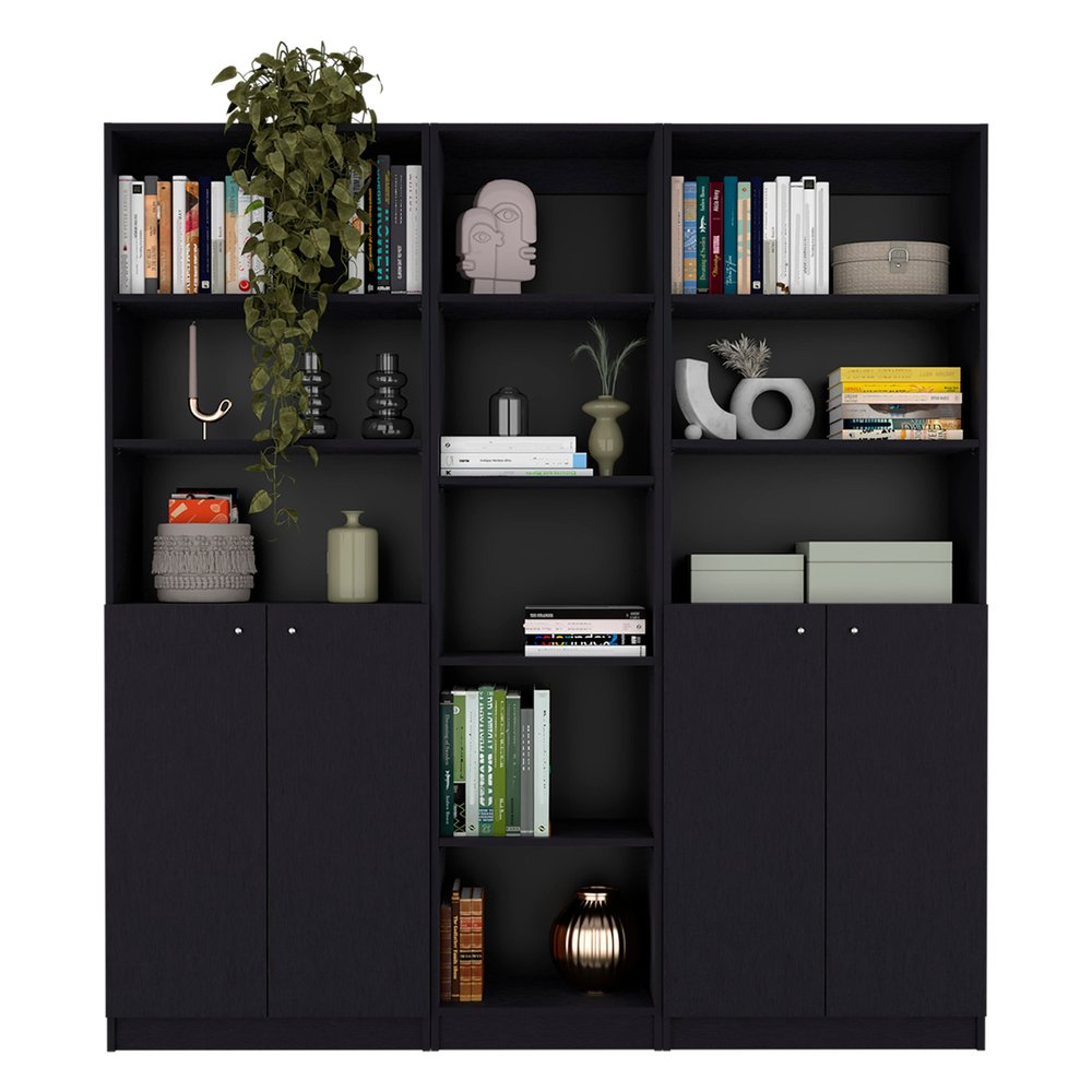 71" Black Five Tier Bookcase with Four Doors HomeRoots