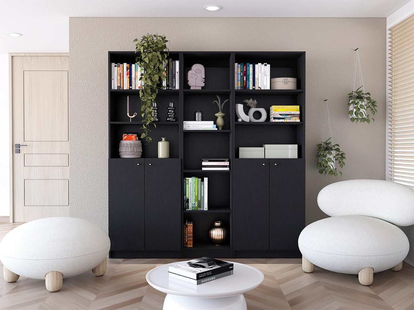 71" Black Five Tier Bookcase with Four doors - FurniFindUSA