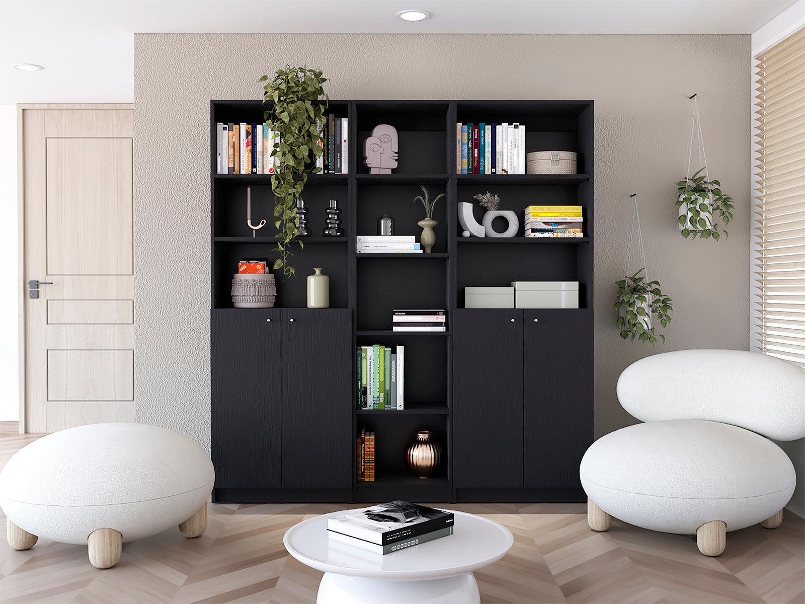 71" Black Five Tier Bookcase with Four doors - FurniFindUSA