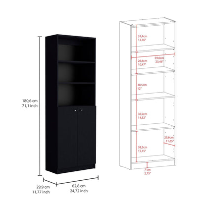 71" Black Five Tier Bookcase with Four doors - FurniFindUSA