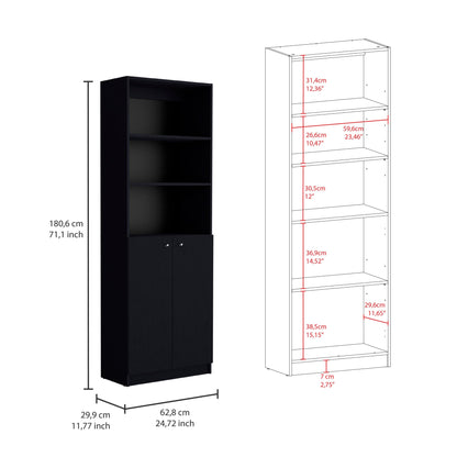 71" Black Five Tier Bookcase with Four Doors