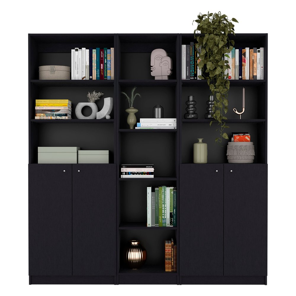 71" Black Five Tier Bookcase with Four Doors HomeRoots