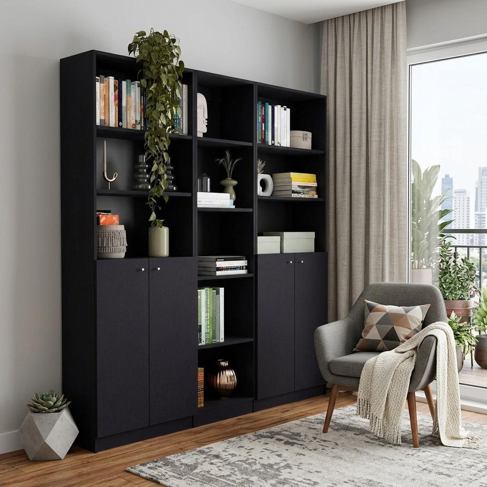 71" Black Five Tier Bookcase with Four Doors HomeRoots