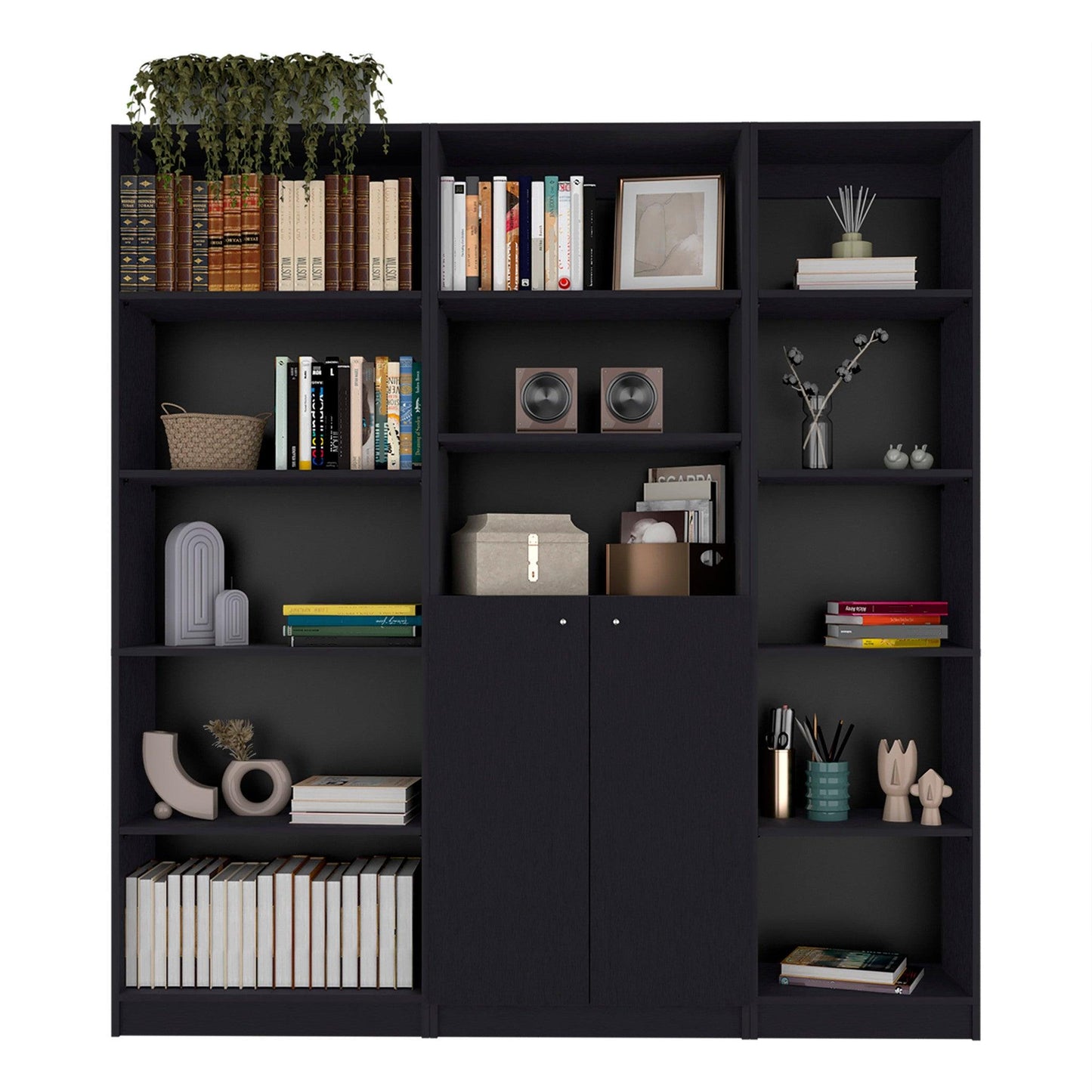 71" Black Five Tier Bookcase with Two doors - FurniFindUSA