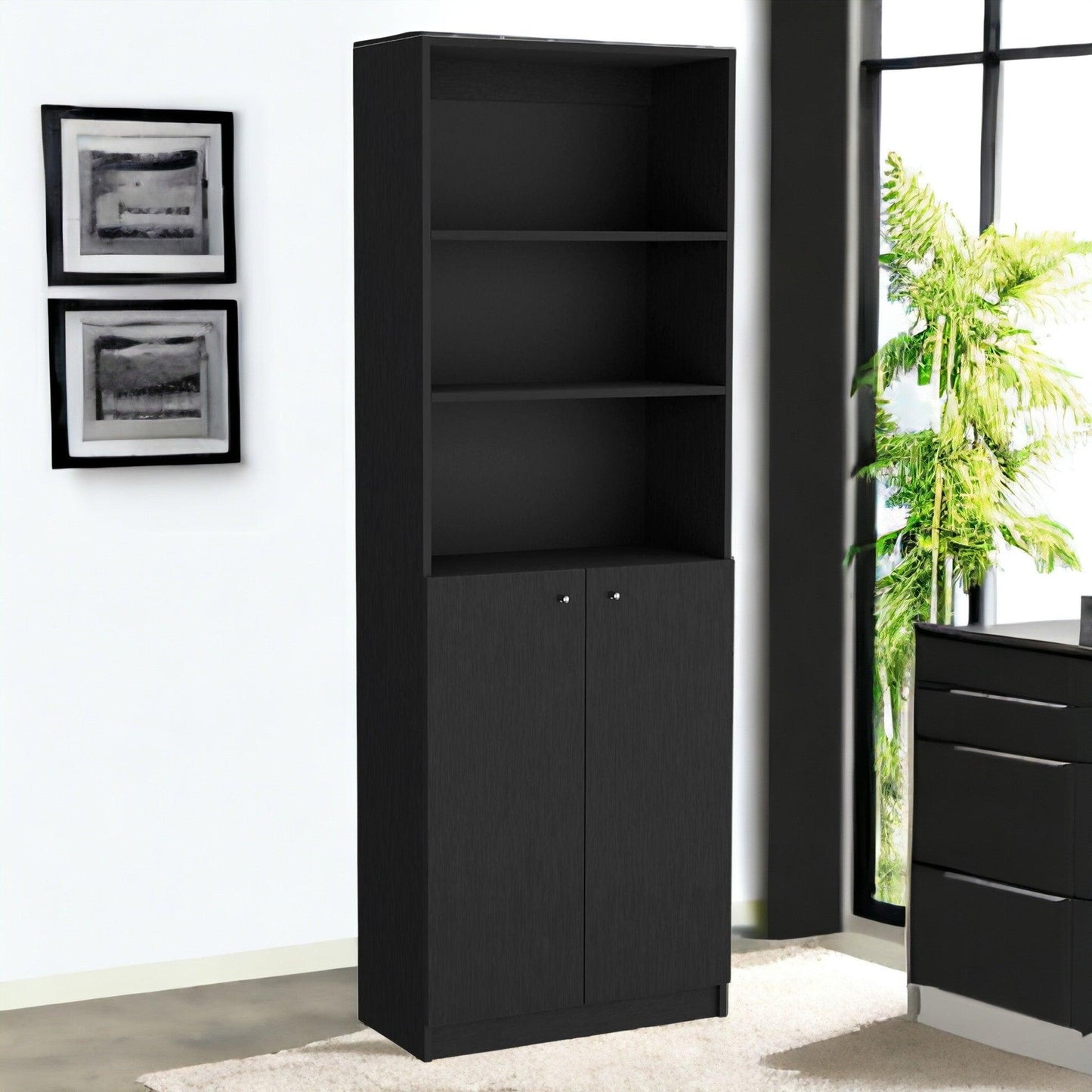 71" Black Five Tier Bookcase with Two doors - FurniFindUSA