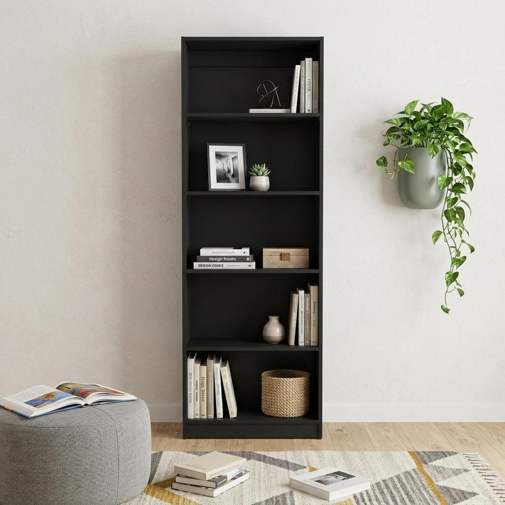 Set of Three Black Five Tier Bookcase with Two Doors HomeRoots
