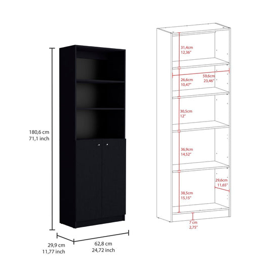Set of Three Black Five Tier Bookcase with Two Doors HomeRoots