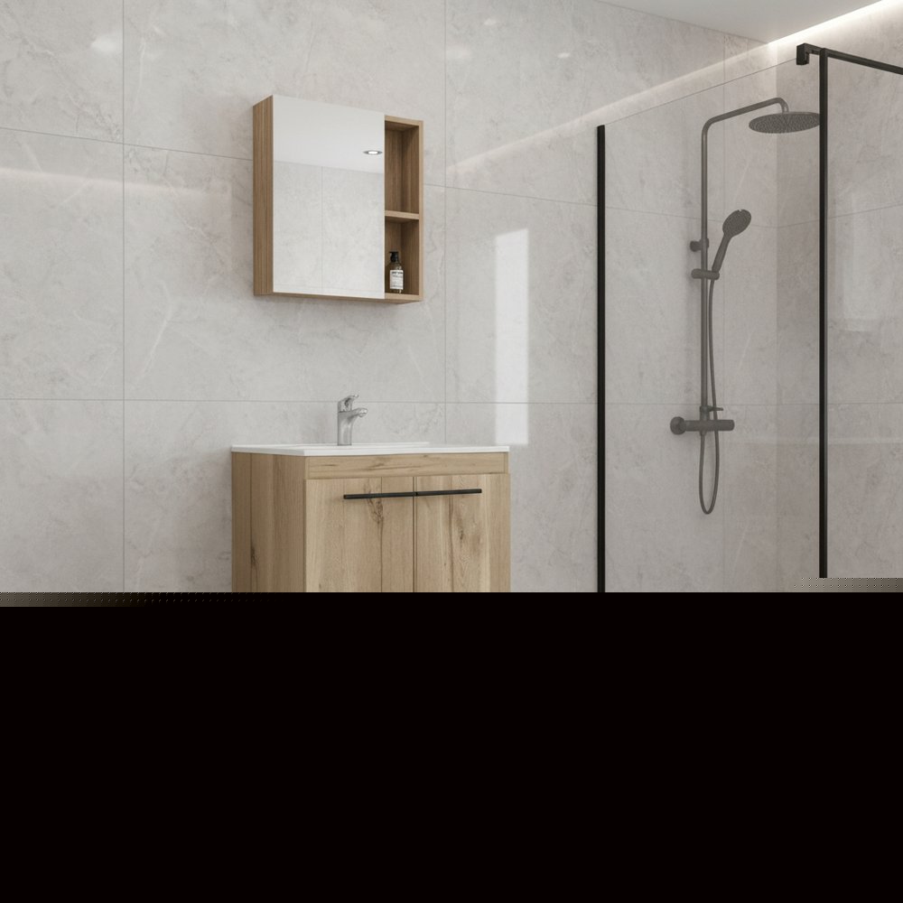 18" Natural Wood Freestanding Bathroom Vanity With White Sink And Medicine Cabinet With Mirror HomeRoots