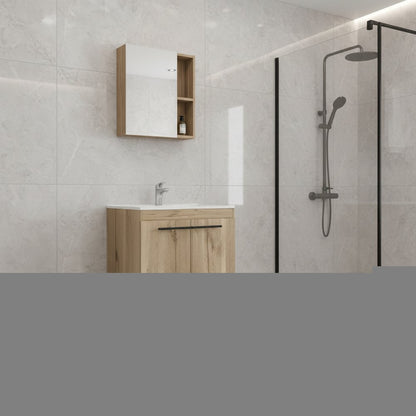 18" Natural Wood Freestanding Bathroom Vanity With White Sink And Medicine Cabinet With Mirror HomeRoots