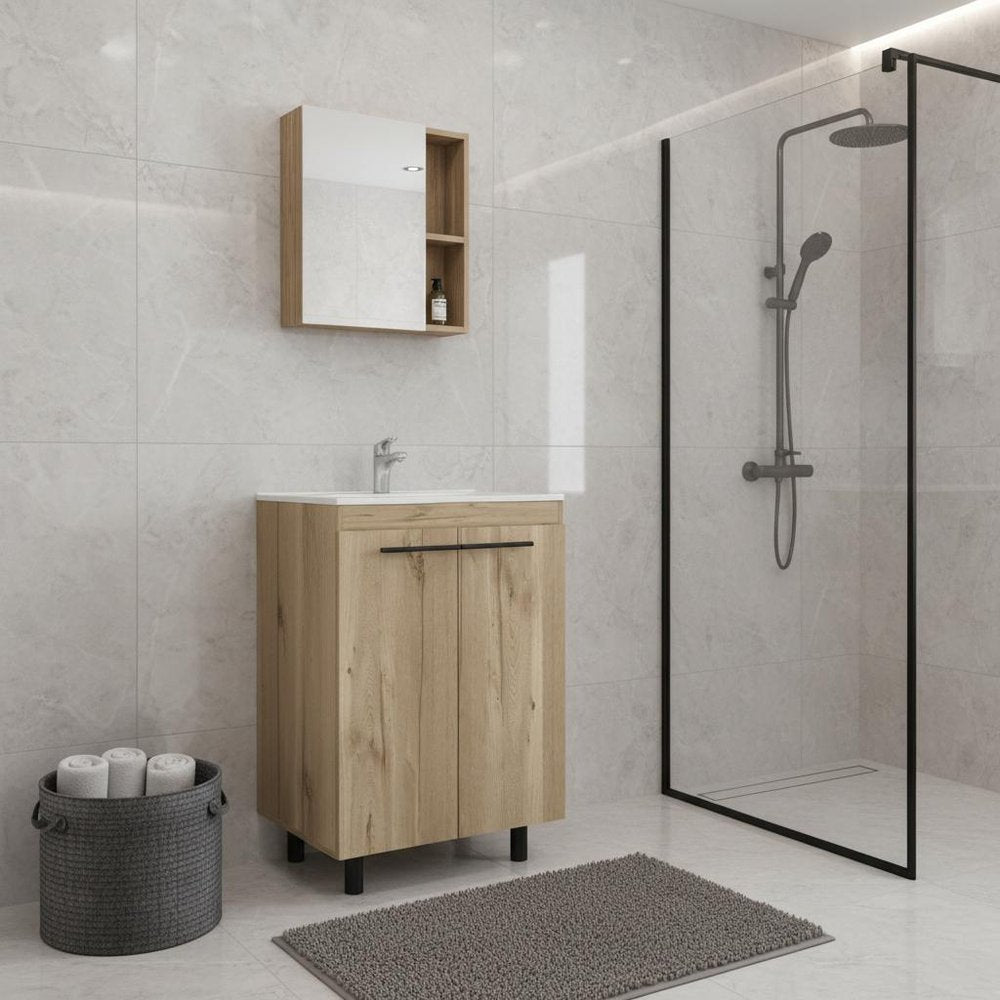 18" Natural Wood Freestanding Bathroom Vanity With White Sink And Medicine Cabinet With Mirror HomeRoots