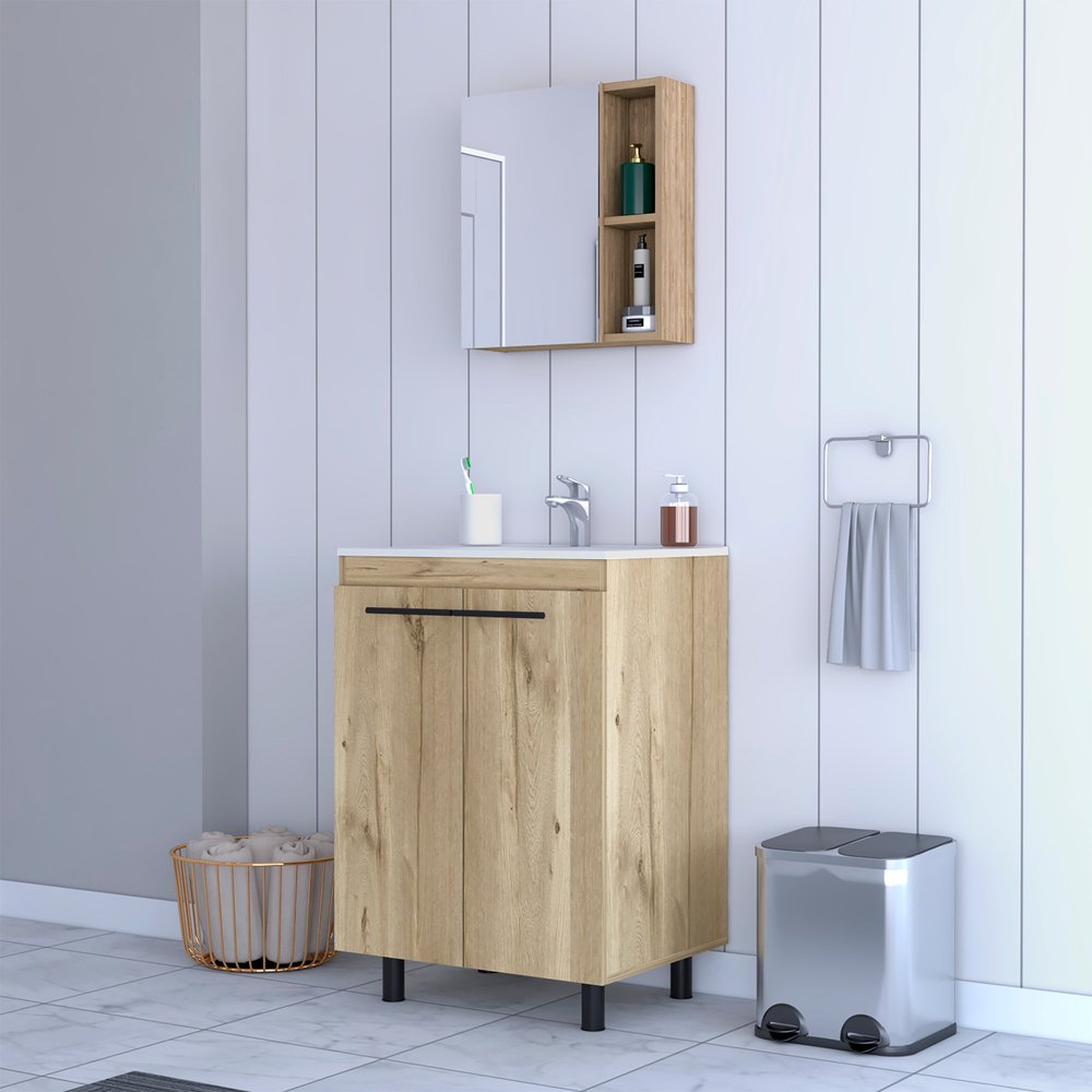 18" Natural Wood Freestanding Bathroom Vanity With White Sink And Medicine Cabinet With Mirror HomeRoots
