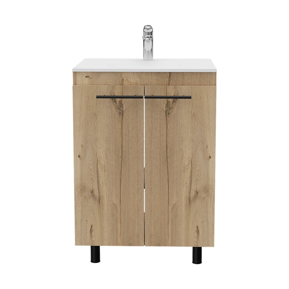 18" Natural Wood Freestanding Bathroom Vanity With White Sink And Medicine Cabinet With Mirror HomeRoots