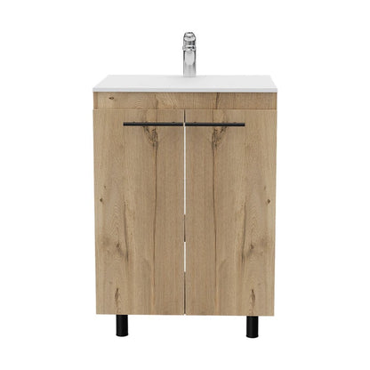 18" Natural Wood Freestanding Bathroom Vanity With White Sink And Medicine Cabinet With Mirror HomeRoots