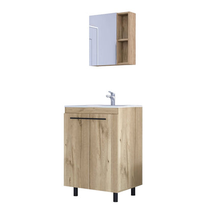 18" Natural Wood Freestanding Bathroom Vanity With White Sink And Medicine Cabinet With Mirror HomeRoots