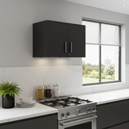 28" Black Wall mounted Accent Cabinet With Four Shelves And Six Drawers HomeRoots