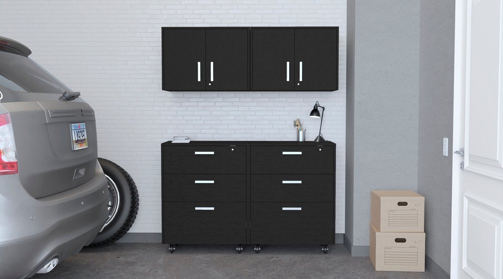 28" Black Wall mounted Accent Cabinet With Four Shelves And Six Drawers HomeRoots