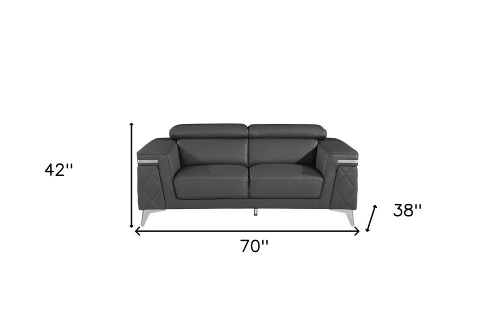 70" Dark Gray And Silver Metallic Leather Loveseat HomeRoots
