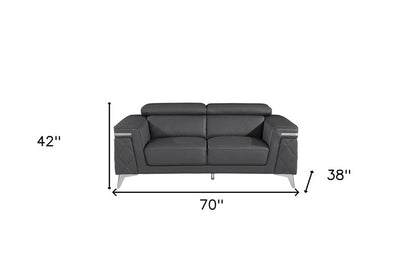 70" Dark Gray And Silver Metallic Leather Loveseat HomeRoots