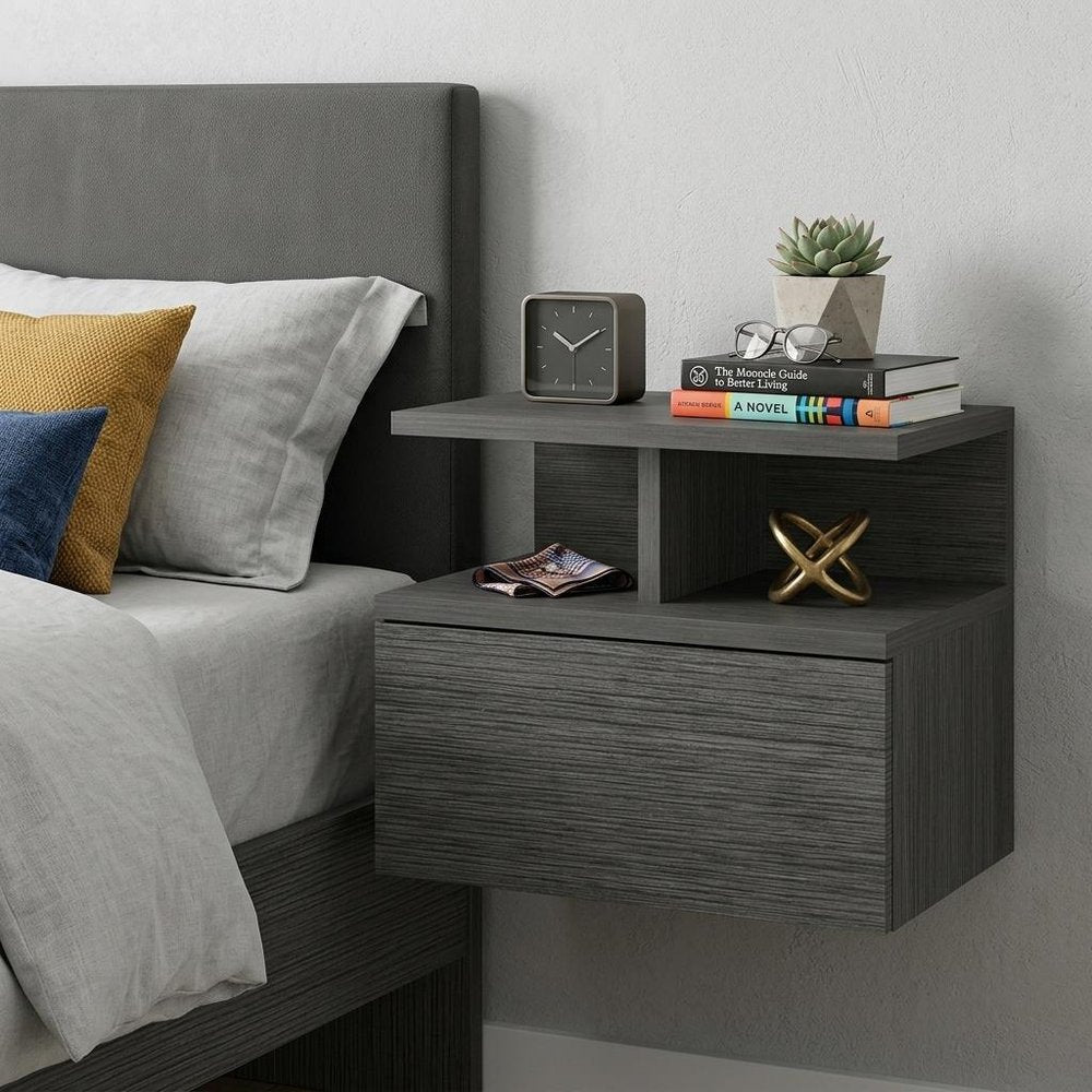 13" Dark Gray Wood One Drawer Floating Nightstand HomeRoots