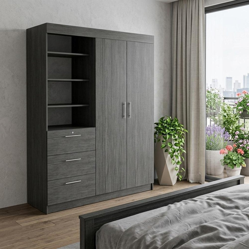 79" Gray Wood Two Door Three Drawer Combo Dresser HomeRoots