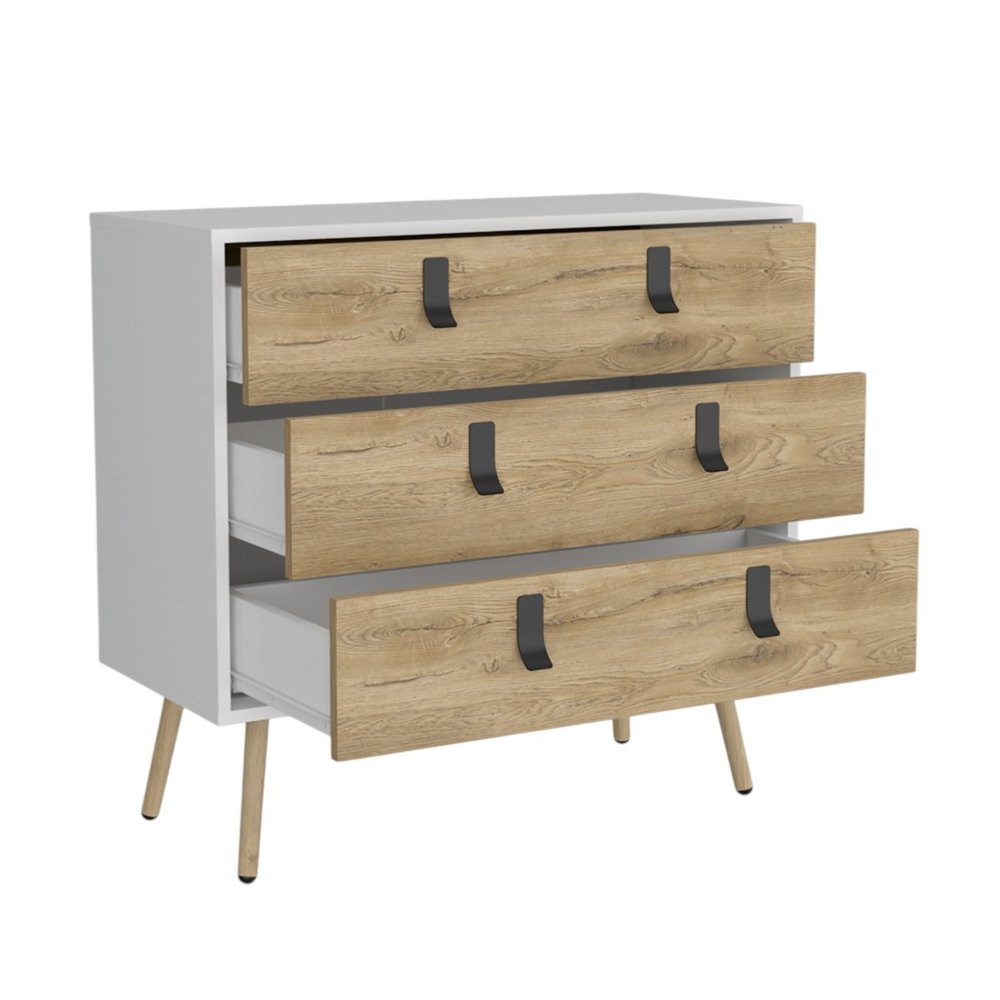32" White and Natural Three Drawer Dresser HomeRoots