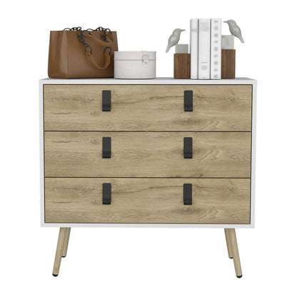 32" White and Natural Three Drawer Dresser HomeRoots