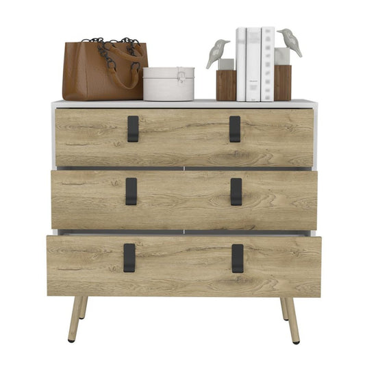 32" Natural And White Wood Three Drawer Dresser