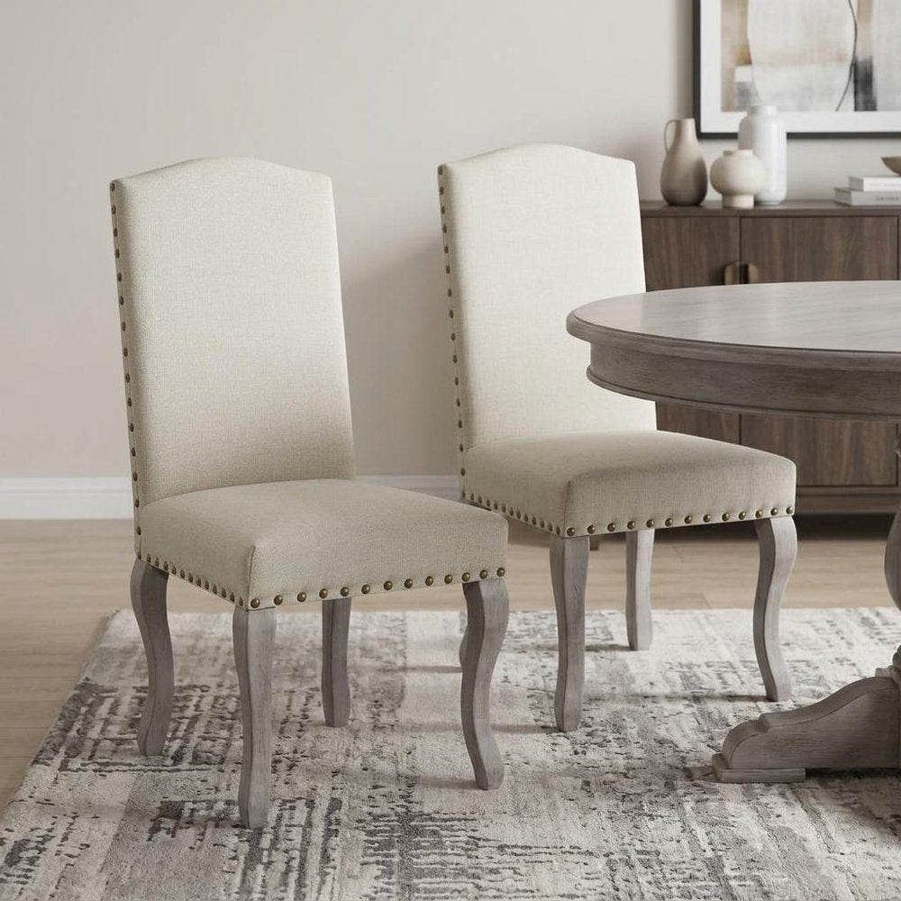 Set of Two Beige And Gray Upholstered Fabric Dining Parsons Chairs HomeRoots
