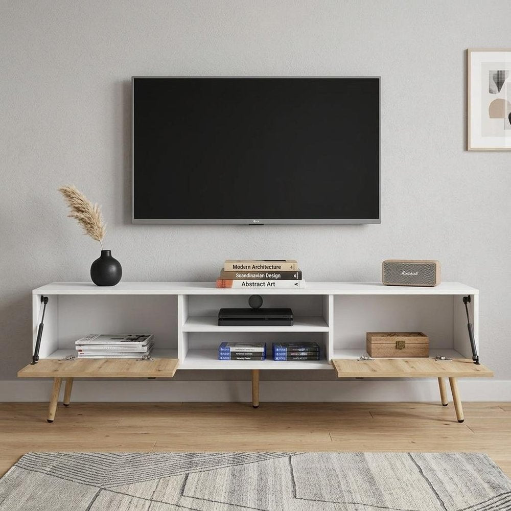 71" White And Beige Enclosed And Open Storage TV Stand HomeRoots