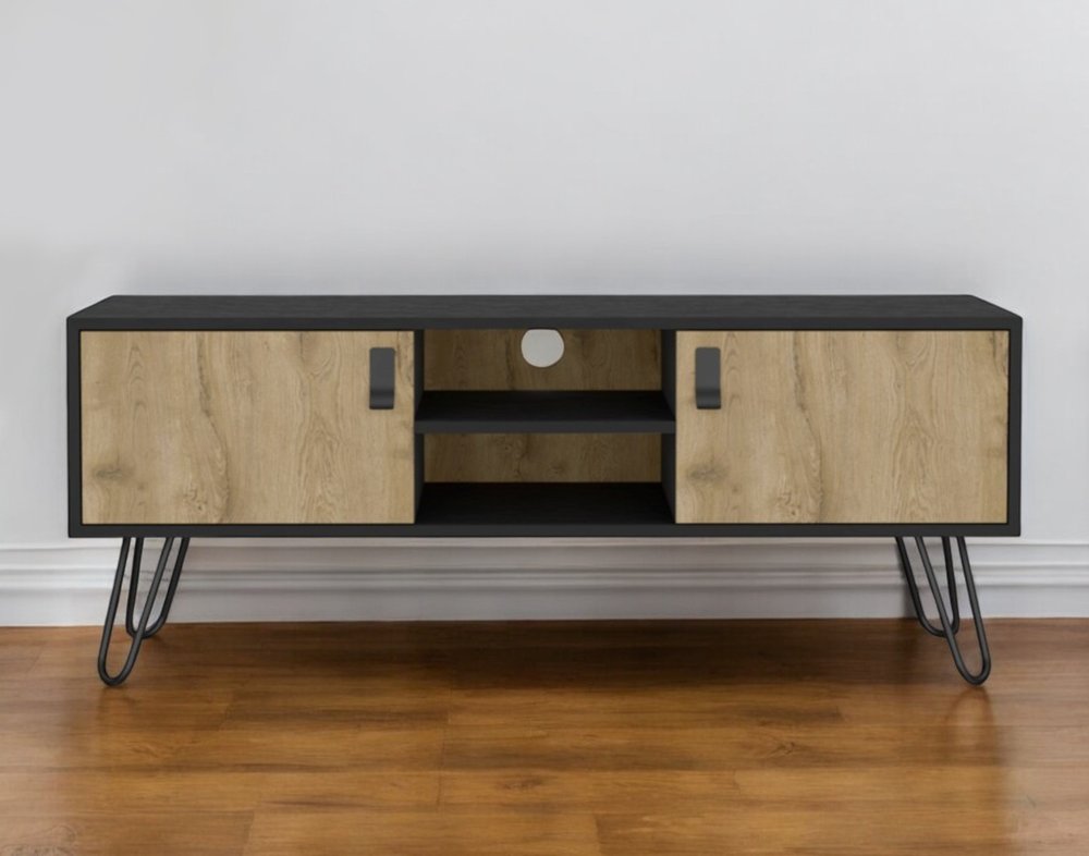48" Beige and Black Cabinet Open And Enclosed Storage TV Stand HomeRoots