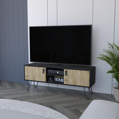 48" Beige and Black Cabinet Open And Enclosed Storage TV Stand HomeRoots