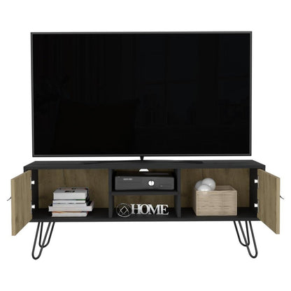 48" Beige and Black Cabinet Open And Enclosed Storage TV Stand HomeRoots