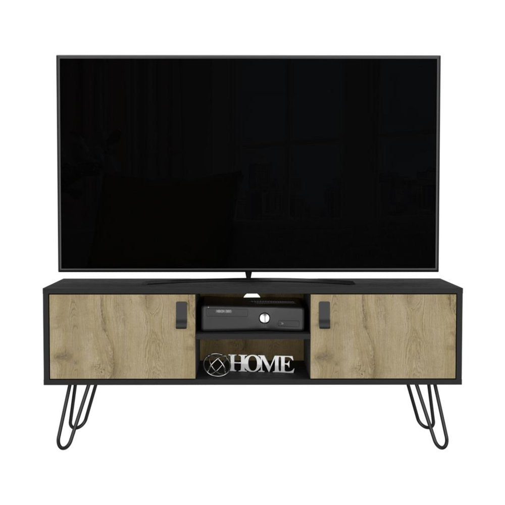 48" Beige and Black Cabinet Open And Enclosed Storage TV Stand HomeRoots