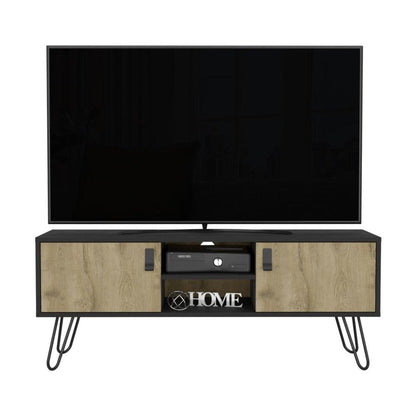 48" Beige and Black Cabinet Open And Enclosed Storage TV Stand HomeRoots