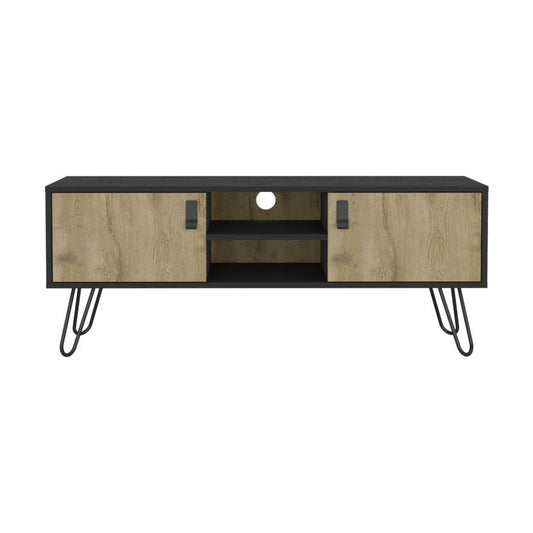 48" Beige and Black Cabinet Open And Enclosed Storage TV Stand HomeRoots