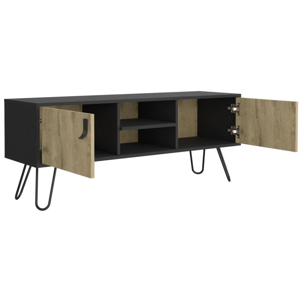 48" Beige and Black Cabinet Open And Enclosed Storage TV Stand HomeRoots