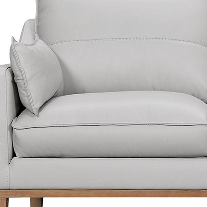 87" Gray Leather Sofa And Toss Pillows With Brown Legs HomeRoots