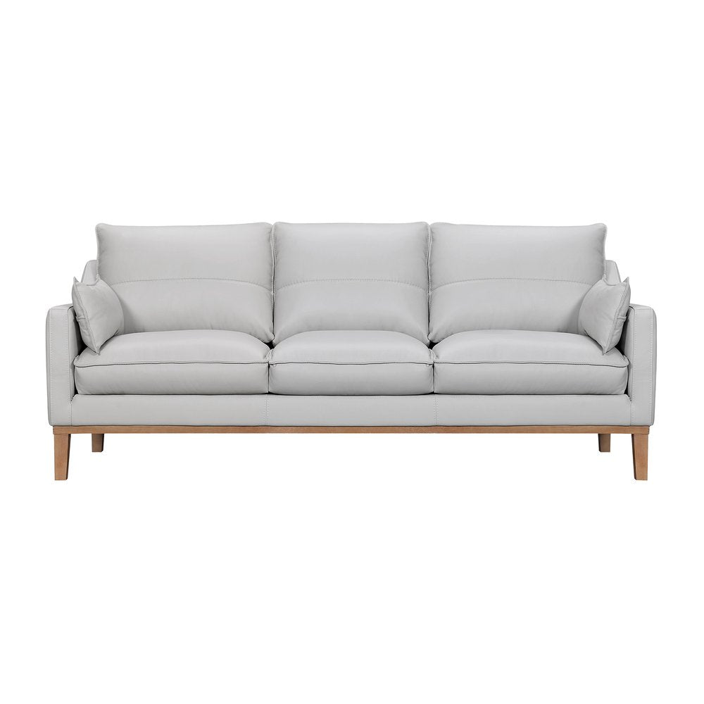 87" Gray Leather Sofa And Toss Pillows With Brown Legs HomeRoots