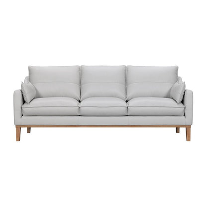 87" Gray Leather Sofa And Toss Pillows With Brown Legs HomeRoots