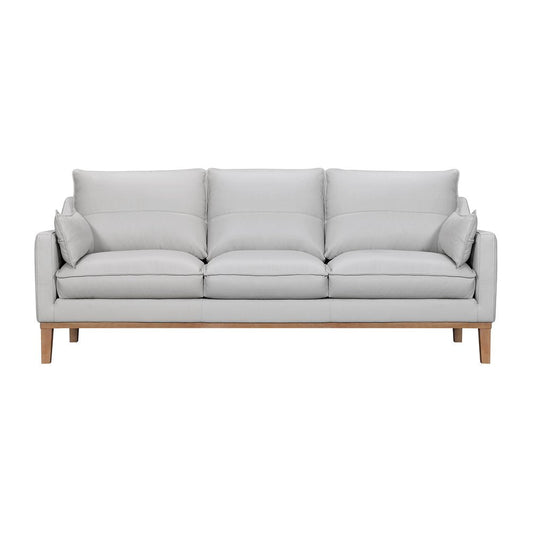 87" Gray Leather Sofa And Toss Pillows With Brown Legs HomeRoots