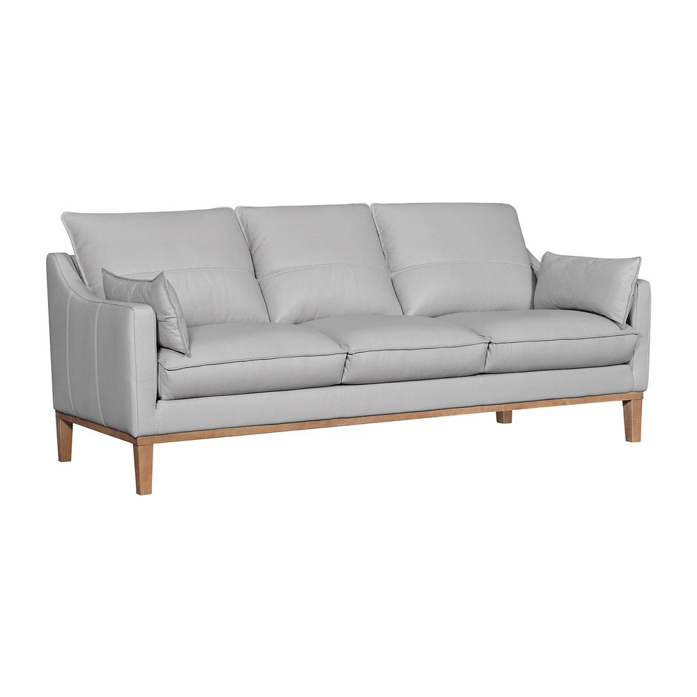 87" Gray Leather Sofa And Toss Pillows With Brown Legs HomeRoots